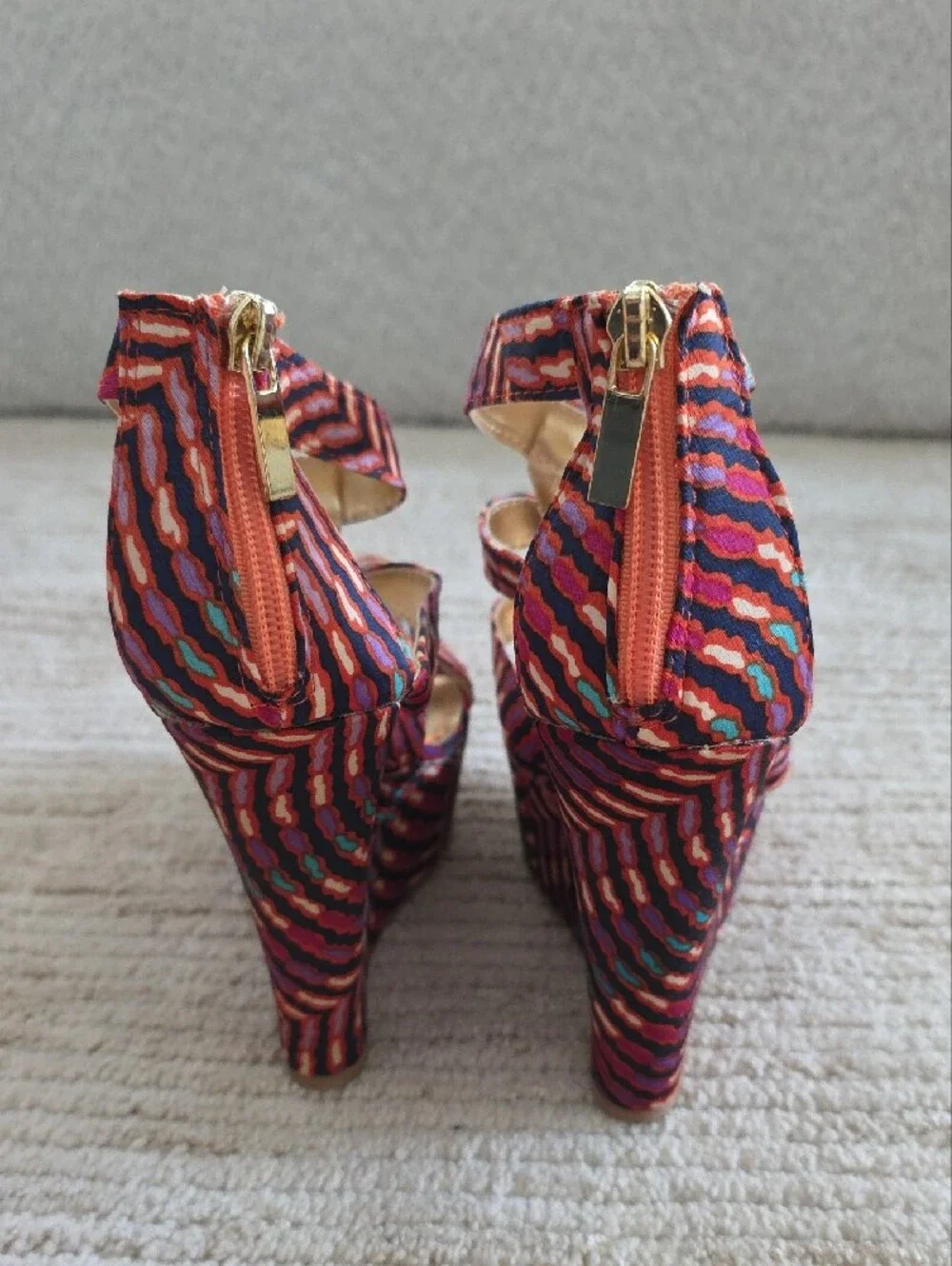 Shoe Dazzle Pink Multi Striped Cutout Wedge Sandals